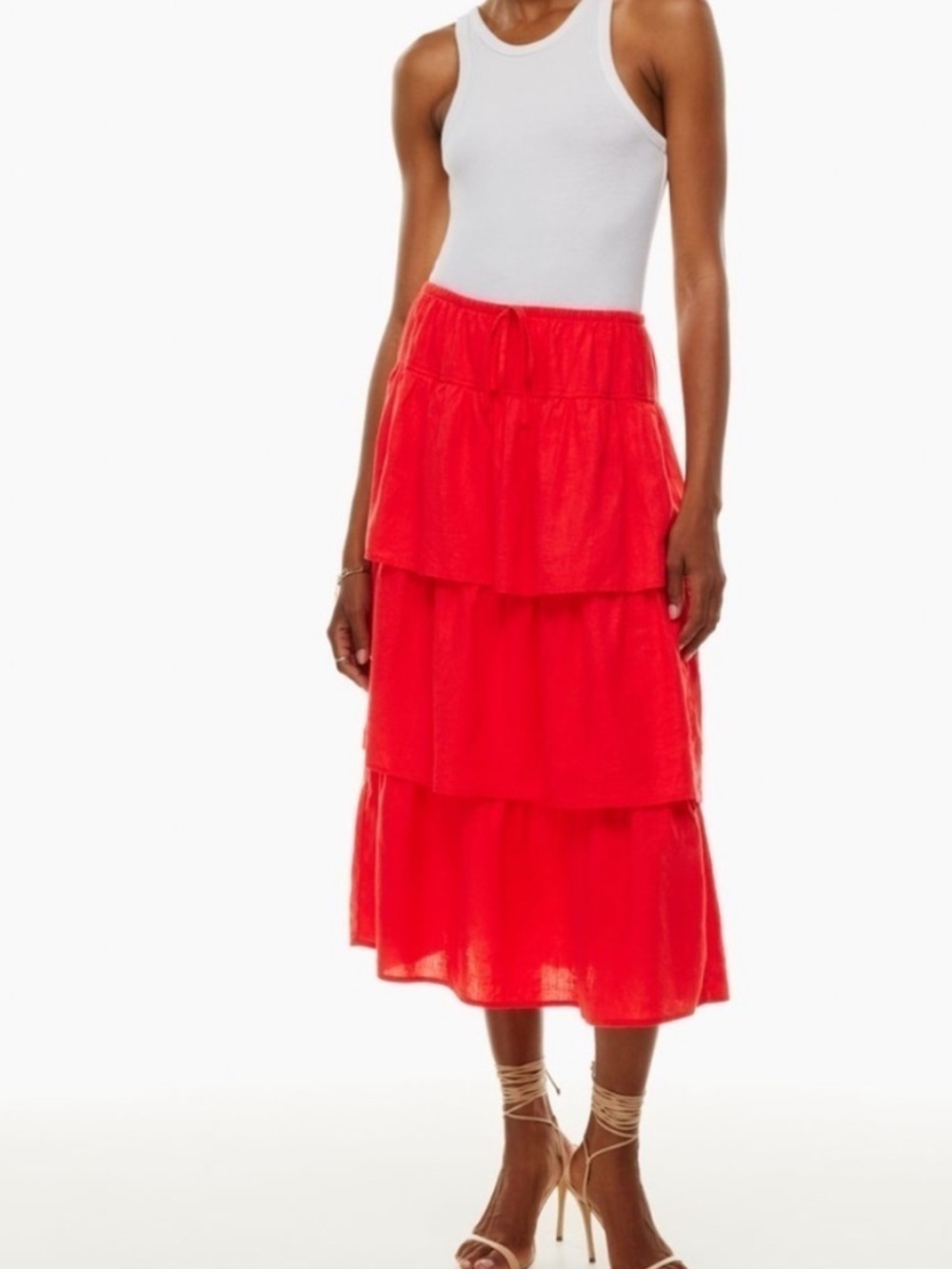 WILFRED Century Linen Tiered Midi Skirt Red Large Boho Beach Travel Eurosummer